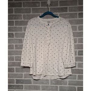 Croft Barrow Womens Ruffle V-Neck Black Polka Dot Heart Print Pull-Over Top‎  XL